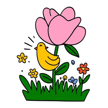 A small finch with yellow feathers and a cheerful expression perched under a large, vibrant flower bloom in a spring meadow. The flower has soft pink petals and green leaves surrounding it. The meadow is filled with lush green grass and scattered wildflowers of various colors, creating a lively and colorful environment. Sunlight filters through the petals, casting gentle shadows on the finch as it enjoys the comforting shade.