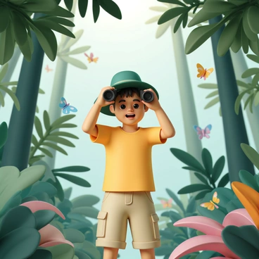 A cartoon boy, wearing a green safari hat, is standing in a dense jungle. He is holding a pair of black binoculars up to his eyes, peering through them with an excited expression. The boy is dressed in a bright yellow t-shirt and khaki shorts. Surrounding him are tall green trees with broad leaves and vibrant tropical plants. Sunlight filters through the foliage, creating dappled patterns on the ground. Various colorful birds and butterflies can be seen flitting through the air, adding to the lively atmosphere of the jungle.