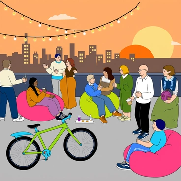 A vibrant rooftop party scene with a diverse group of guests. Some guests are standing and chatting while others are sitting on colorful bean bags. There are several stylish bikes parked near the edge, showcasing different designs in bright colors. The city skyline is visible in the background, with tall buildings and a sunset casting an orange glow across the sky. Guests are holding drinks, and there are strings of fairy lights creating a festive atmosphere. A small table is set up with snacks and refreshments, adding to the lively ambiance of the gathering.