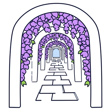 A pathway made of cobblestones leads through a series of tall white arches. Each arch is adorned with cascading clusters of purple wisteria flowers, creating a tunnel of vibrant blooms. The flowers hang gracefully, filling the air with hints of lavender and soft hues. Small green leaves peek out from the wisteria, adding to the lush environment. The ground is dappled with sunlight filtering through the flowers, creating a serene atmosphere.
