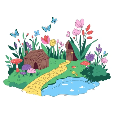A whimsical garden filled with various colorful flowers and lush greenery. A tiny yellow brick road winds through the garden, leading to a small, intricately designed fairy house made of twigs and colorful leaves. Delicate butterflies in shades of blue flutter around the flowers, while a small, sparkling pond reflects the sunlight. Tiny toadstools in shades of red and orange dot the landscape, adding to the enchanting atmosphere.