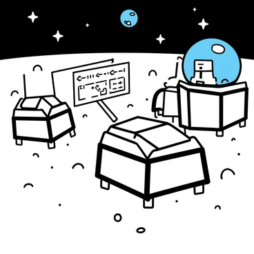 A lunar landscape features a "moon base" constructed from various "lunar modules" with sleek, metallic surfaces. Each module is interconnected and has antennas and solar panels. Nearby, a large "control room" is visible, with multiple screens displaying data and a transparent dome allowing view of the outside. An "escape plan to Earth" is illustrated with arrows and diagrams on a wall, showing a spacecraft ready for launch. The ground is covered in fine lunar dust, with distant craters and Earth visible in the black sky above.