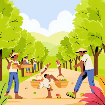 A lush cocoa farm with workers harvesting cocoa pods under a clear blue sky