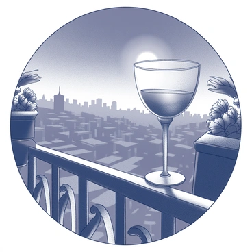 A coupe glass sits on a balcony railing. The glass is elegantly shaped with a wide bowl and a long stem, capturing the soft glow of the moonlight. The cityscape stretches out below, with buildings and rooftops visible in the distance. The balcony features decorative elements such as wrought iron railings and potted plants. The night sky is clear, creating a serene atmosphere around the scene.
