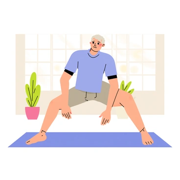 An elderly person with gray hair wearing a light blue t-shirt and comfortable gray shorts is performing a sumo squat. The person is positioned with their feet wider than shoulder-width apart and their knees bent. They have a focused expression on their face, demonstrating concentration during the exercise. The background shows a bright, inviting room with soft natural light filtering in through a window, and a yoga mat is placed underneath the person. A few potted plants are visible in the corner, adding a touch of greenery to the scene.
