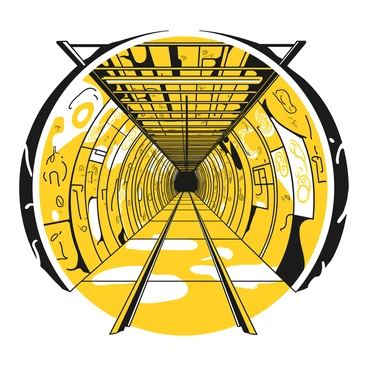 A long, dimly lit metro tunnel stretches into the distance. The walls of the tunnel are adorned with intricate "graffiti art" featuring various designs, patterns, and characters. The floor is made of concrete, and the ceiling is lined with metal beams. A set of tracks runs through the center of the tunnel, leading towards an unseen destination. The atmosphere is filled with a sense of urban life and creativity.