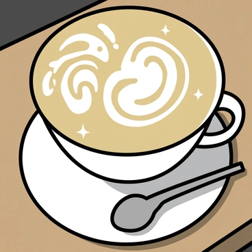 A latte in a white ceramic cup, topped with frothy milk that swirls elegantly. The froth features intricate designs, showcasing a "starry night scene" with small "twinkling stars" scattered throughout the swirls. The latte is placed on a wooden table, with a small silver spoon resting beside the cup. Subtle shadows from soft ambient light create a cozy atmosphere around the setting.