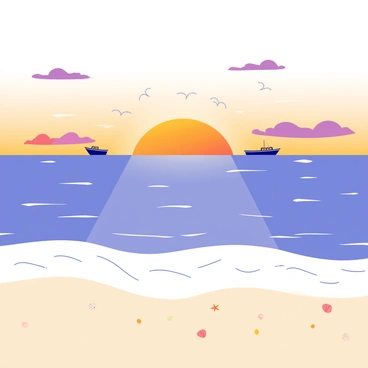 A wide view of the ocean with gentle waves lapping at the shore. The scene captures the sun dipping below the horizon, casting vibrant orange and pink hues across the sky. Silhouettes of distant boats can be seen on the water's surface, each reflecting the warm colors of the sunset. Fluffy clouds drift lazily in the sky, tinged with shades of purple and gold. A few seagulls fly overhead, adding life to the tranquil atmosphere. In the foreground, soft sand stretches along the beach, dotted with small seashells and pebbles.