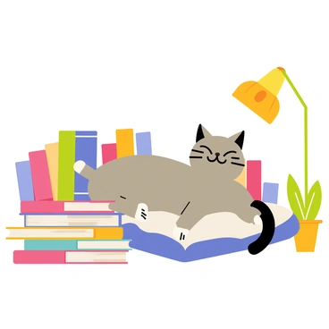A relaxed gray cat with white paws lounging on a soft, plush cushion among stacks of colorful books in a cozy library corner. The cat is stretched out, eyes half-closed, with a content expression on its face. Surrounding the cat are various books with brightly colored spines, some stacked vertically and others laid flat, creating a vibrant scene. A whimsical lamp with a warm glow stands nearby, casting a soft light over the books and the cat. A small potted plant with green leaves is positioned to the side, adding a touch of nature to the library environment.