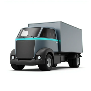 A futuristic transport truck with a streamlined, aerodynamic design and a glossy metallic finish. The truck features glowing blue and green accents that outline its contours and enhance its modern aesthetic. It has large, low-profile tires that give it a robust stance on the ground. The front of the truck is equipped with a wide windshield and sleek headlights that incorporate LED technology. The cargo area is spacious and designed with advanced materials, showcasing the innovative engineering of the vehicle. The environment around the truck is slightly blurred, emphasizing the focus on the vehicle itself.