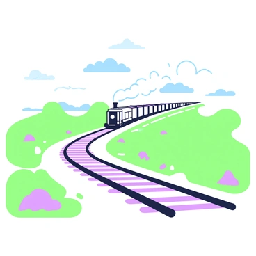 A long set of train tracks stretches towards the horizon, disappearing into the distance. The tracks are flanked by patches of grass and a few scattered rocks on either side. In the distance, a train is approaching, its engine visible with a long series of cars following behind. The train emits a plume of smoke, which trails behind as it moves along the tracks. The sky overhead is partly cloudy, with wisps of clouds interspersed among the blue. The scene conveys a sense of movement as the train draws closer along the tracks.