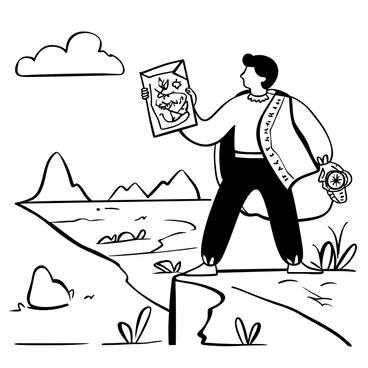 An ancient explorer wearing a rugged cloak is standing confidently at the edge of a high cliff. In one hand, he holds an old, tattered map, its edges frayed and ornate illustrations visible. In the other hand, he grips a brass compass, its needle pointing decisively. The explorer's stance suggests determination as he gazes across a vast landscape filled with distant mountains and valleys. A gentle breeze rustles his cloak, and scattered rocks and greenery surround his feet on the cliff's surface.