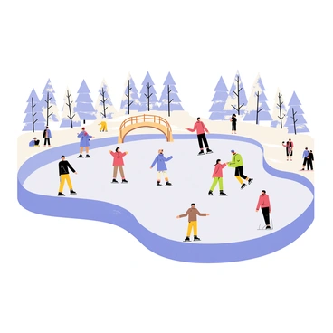 A picturesque ice skating pond surrounded by snow-covered trees. Several skaters are in motion on the ice, showcasing a variety of colorful winter clothing. Some are elegantly gliding, while others are playfully spinning or holding hands. A small wooden bridge arches over one side of the pond, and a few spectators are gathered nearby, enjoying the scene. In the background, a clear blue sky enhances the cheerful atmosphere of the winter day.