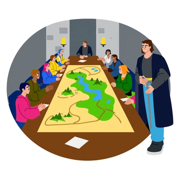 Aragorn standing confidently at a long wooden table during a council meeting. He is wearing a dark cloak and armor, with his sword sheathed at his side. In front of him, a large, detailed map is spread out across the table, showing various terrains and locations. The map features illustrations of mountains, forests, and rivers, with marked pathways. The room is surrounded by stone walls, and there are several other figures seated around the table, engaged in discussion. A flickering candlelight casts soft shadows across the scene.