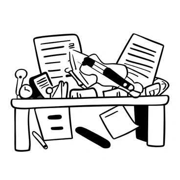 A desk cluttered with various sheets of music, some slightly crumpled and others neatly stacked. A wooden violin is resting on top of the sheets, with its bow placed beside it. A metronome stands at one corner of the desk, and a couple of pencils are scattered around. In the background, a music stand holds more sheet music, creating a sense of a busy musician’s workspace.