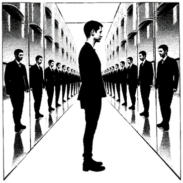 A hall of mirrors is filled with numerous reflections. Each mirror reflects a version of a lone figure standing in the center. The figure is dressed in a fitted black outfit, with their short hair neatly styled. Their posture is upright, and they appear to be gazing at their reflections with a neutral expression. The mirrors stretch infinitely in all directions, creating a disorienting effect. The floor is smooth and shiny, enhancing the reflections of the figure and the mirrors.