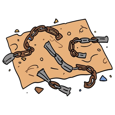 A close-up of broken metal chains with jagged edges, lying scattered on a textured parchment background. The chains are rusted with a dark metallic sheen, and the individual pieces vary in size, some small links and others large segments. The parchment has a soft, aged appearance with subtle creases and a light tan color, providing a stark contrast to the dark chains. Sunlight casts gentle shadows from the scattered pieces, adding depth to the visual composition.