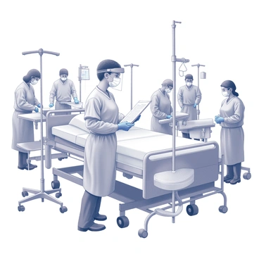 A nurse fully dressed in personal protective equipment, including a face shield, mask, gloves, and gown, is attending to a patient. The nurse is standing beside a hospital bed, holding a chart and speaking to a colleague. In the background, there are several medical equipment devices, including monitors and IV stands. Other healthcare workers can be seen moving about the ward, some attending to patients while others are at workstations. The environment is filled with a sense of activity and urgency as the healthcare team works together to care for patients.
