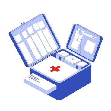 An open first aid kit is displayed on a flat surface. The kit is rectangular, with a sturdy exterior and a secure zipper. Inside, there are various essential supplies neatly arranged. There are multiple rolls of white bandages stacked beside small packets of antiseptic wipes. A pair of scissors is positioned next to a rectangular container labeled “gauze pads.” In the back, a digital thermometer is visible. Prominently featured in the center is a bright red cross symbol. The entire arrangement is organized to provide quick access to each item.