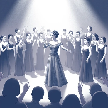 Carmen stands center stage taking a bow. She wears an elegant costume, with intricate details reflecting the character she portrays. Surrounding her is a full cast, each member showing expressions of pride and joy. The audience is visible in the foreground, with hands raised in applause, creating a sense of excitement and energy. Stage lights illuminate the performers, casting soft shadows and highlighting the costumes. The atmosphere is electric, capturing a moment of celebration and achievement in the performance.