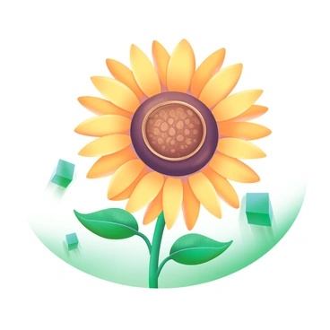 A vibrant sunflower with bright yellow petals, each petal is uniquely crafted from shiny gold coins. The center of the flower is a textured brown disc, surrounded by the glimmering gold. Green leaves extend from the base of the sunflower, contrasting with the metallic petals. The background is softly blurred to highlight the sunflower's intricate details.