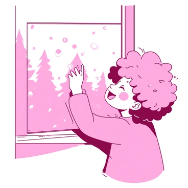 A pink child with curly hair is standing in front of a foggy windowpane, holding a finger to draw shapes on the glass. The child's face is illuminated with a bright smile, showcasing a look of joy. The windowpane is covered in condensation, creating a soft blurred effect. Outside the window, faint silhouettes of trees can be seen, enhancing the atmosphere of a cozy indoor setting. The child is wearing a colorful sweater, adding a splash of color to the scene.