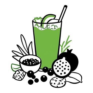 A tall, clear glass filled with a green smoothie, heavily textured with visible chunks of spinach and kale. The smoothie is topped with slices of fresh avocado and a sprinkle of chia seeds. Surrounding the glass are several ingredients: a small bowl containing blueberries, a cut-open pomegranate with its bright seeds, a cluster of walnuts, and a few slices of ginger root. The background features a subtle arrangement of leafy greens, emphasizing the health theme.