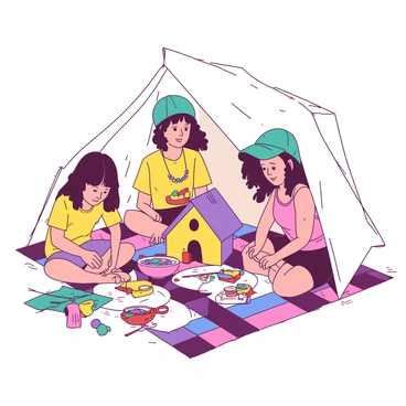 A group of three friends is sitting on a colorful picnic blanket underneath a large white tent at summer camp. One friend, wearing a yellow t-shirt, is carefully painting a wooden birdhouse with bright colors. Another friend, in a teal cap, is stringing colorful beads onto a piece of twine to create a necklace. The third friend, dressed in a pink tank top, is cutting shapes out of colorful paper for a collage project. Various craft supplies, including paintbrushes, scissors, and glitter, are scattered around them. Sunlight filters through the tent, creating a cheerful atmosphere.