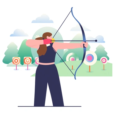 A competitive archer aiming at a distant target in an outdoor range