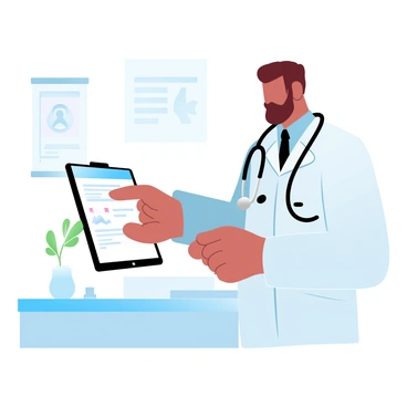A doctor in a white coat is standing in a well-lit medical office. The doctor is focused on a tablet, using one hand to navigate through the screen. A digital health record is visible on the tablet’s display. The background includes a medical chart on the wall and a stethoscope hanging from a nearby cabinet. There is a small plant on the desk next to the doctor, adding a touch of green to the scene.
