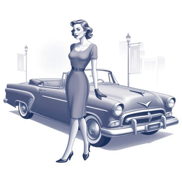 A woman dressed in 1950s vintage fashion is standing beside a classic car. She wears a fitted dress with a flared skirt and a cinched waist accentuated by a wide belt. Her hair is styled in soft waves, and she has a pair of elegant gloves on her hands. The classic car features smooth curves and chrome detailing, with a glossy finish reflecting the surroundings. The woman has one hand resting casually on the car's roof while the other is on her hip, creating a confident pose. The background includes hints of a city street, with vintage shop signs and lamp posts.