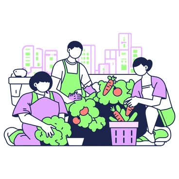 A group of community members is actively engaged in harvesting vegetables from a city rooftop garden. One individual is crouched down, pulling bright green lettuce from the soil, while another is picking ripe tomatoes from a vine. A third person is placing freshly gathered carrots into a purple basket. The rooftop garden is filled with various plants, including leafy greens and colorful vegetables, arranged neatly in raised beds. In the background, there are visible city buildings, creating a contrast between nature and the urban environment. A few gardening tools, such as a trowel and gloves, are scattered nearby.