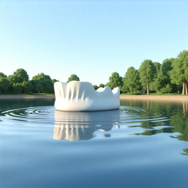 A boat shaped like a giant pair of white dentures with distinct ridges and a shiny surface. The boat is floating on a calm lake with smooth water reflecting the clear blue sky above. Surrounding the lake are lush green trees and a small sandy shore. A few gentle ripples spread out from the boat as it drifts peacefully on the surface of the water.