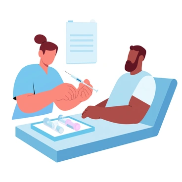 A nurse in scrubs is carefully administering a vaccine injection to a patient who is sitting comfortably on an examination table. The nurse is holding a syringe and is positioned to the side of the patient, focusing on the injection site on the patient's arm. The patient is wearing a short-sleeved shirt, and their posture is relaxed, displaying a sense of calmness. Nearby, there are medical supplies neatly arranged on a tray, and a poster about vaccination is visible on the wall behind them. A soft light fills the room, enhancing the comforting atmosphere.
