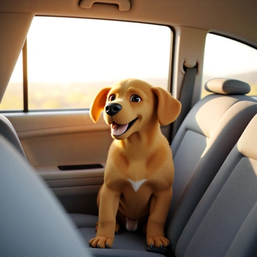 A happy dog with a golden-brown coat and floppy ears is sitting in the backseat of a white car. The dog's eyes are bright and joyful as it gazes out of the window, enjoying the view. Sunlight streams into the car, casting a warm glow on the dog's fur. The interior of the car features a gray fabric upholstery and the window is partially rolled down, allowing a gentle breeze to ruffle the dog's fur. The scene captures a sense of adventure and contentment.