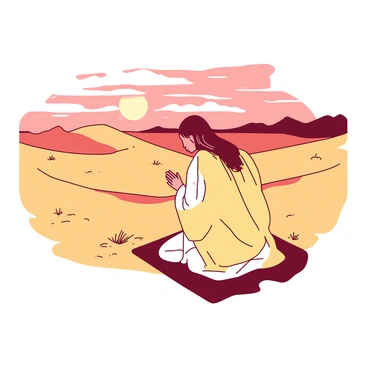A lone traveler dressed in flowing, light-colored robes is kneeling on the warm, golden sand of a vast, open desert. The sun is setting in the background, casting long shadows and creating a serene atmosphere. The traveler has their hands clasped together in prayer, with their head bowed slightly. Surrounding them is an expansive landscape of undulating sand dunes that stretch towards the horizon. A few sparse tufts of grass can be seen intermittently. The sky is painted with hues of red and orange as the day transitions to night, highlighting the traveler's solitary moment.