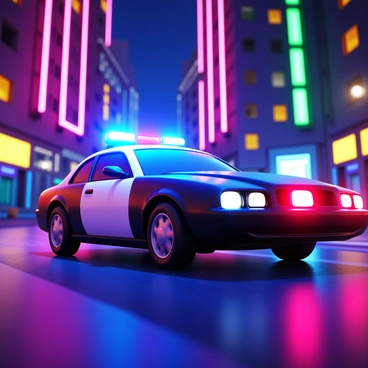 A 3D police car with flashing blue and red lights is racing through a neon-lit city street at night. The car features sleek, aerodynamic contours and a shiny black and white paint job. Surrounding the car, tall buildings are illuminated with vibrant neon signs in shades of pink, green, and blue. A wet road reflects the bright lights, creating a dynamic atmosphere. The scene captures the sense of speed, with motion blur on the wheels and the background buildings.