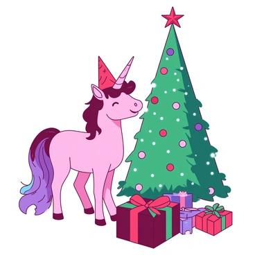 A pink unicorn stands joyfully beside a tall green decorated tree adorned with colorful ornaments. The tree glows with sparkling white lights that twinkle against the backdrop. The unicorn has a flowing mane with shades of purple and blue, and it wears a festive red party hat. Beneath the tree, there are wrapped presents in various sizes, featuring shiny red and teal ribbons. The atmosphere is filled with a sense of celebration and holiday cheer.