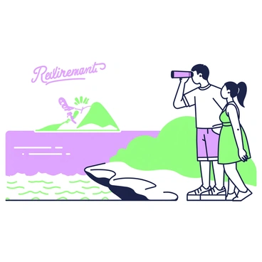 A young couple is standing on a cliff, looking through binoculars towards a distant island. The couple consists of a man and a woman, both wearing casual clothing. The man has short hair and is wearing a t-shirt and shorts. The woman has long hair tied back in a ponytail and is wearing a sundress. The binoculars are held in the man's hands, while the woman leans closer to get a better view. In the background, the island is visible and is labeled with the word "Retirement." The sky above is clear, and the sea below is calm, with gentle waves lapping at the shore. The scene conveys a sense of curiosity and anticipation.