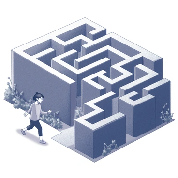 A person moving through a large maze constructed from tall, intricately designed hedges. The maze features sharp turns and dead ends, creating a sense of confusion and complexity. The person has an expression of concentration, reflecting the challenge of finding a way out. Surrounding the maze are hints of tangled vines and overgrown foliage, emphasizing the difficulty in navigating the anxious thoughts symbolized by the maze's structure. The atmosphere is dense, suggesting a sense of weight or burden as the individual continues their journey.