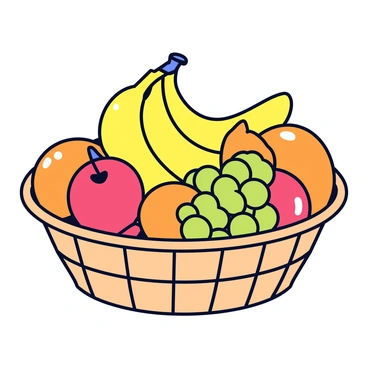 A woven basket filled with various fruits. The basket holds bright yellow bananas, shiny red apples, ripe green grapes, and vibrant orange oranges. Each fruit is depicted with a glossy finish, emphasizing their freshness. The basket is placed on a simple white surface.