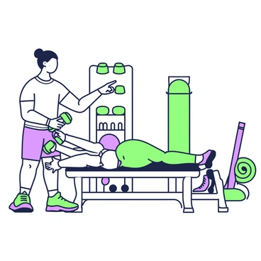 A personal trainer is standing beside a client who is lying on a bench, demonstrating the dumbbell fly technique. The trainer, wearing athletic clothing, is pointing toward the client's arms while explaining the movements. The client holds a dumbbell in each hand, with arms extended out to the sides. The trainer has a focused expression, emphasizing proper form and technique. In the background, there are various exercise equipment items, including a set of dumbbells on a rack and a yoga mat rolled up against the wall.