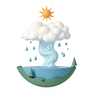 A detailed illustration depicting the water cycle. The scene includes a sun at the top, radiating light downwards. Below, blue water is visibly evaporating from a body of water, represented by swirling vapor rising into the air. Above the vapor, fluffy white clouds are forming, showcasing the condensation process. The clouds are depicted as full and heavy. Below the clouds, droplets of water are falling, indicating precipitation. The ground is green and vibrant, with a few trees scattered around, demonstrating the cycle's impact on the environment.