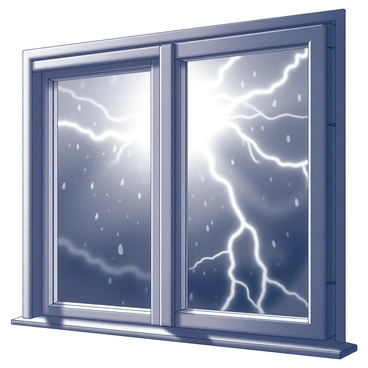 Raindrops are visibly cascading down a clear window pane, creating a blurred effect on the glass. The window frame is wooden, with a warm texture. Outside, a dramatic scene unfolds with bright flashes of "lightning" illuminating the dark sky, revealing streaks of "light" cutting through the clouds. The surrounding atmosphere is filled with dense, heavy clouds, enhancing the intensity of the moment. The composition captures the contrast between the raindrops on the window and the powerful "lightning" striking in the background.