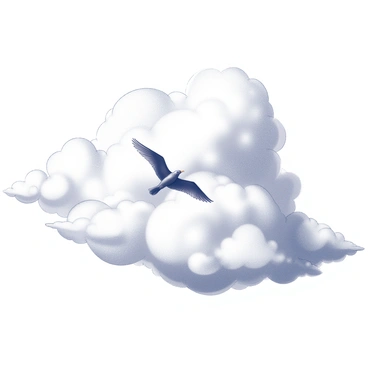 A bird in mid-flight with its wings outstretched. The bird is gliding among fluffy, textured clouds that fill the sky. The clouds have varying shapes and sizes, creating a dynamic backdrop. The sunlight is casting long shadows and highlights across the clouds, enhancing their forms. The bird's silhouette is distinct against the cloud formation, capturing a moment of freedom and beauty in nature.