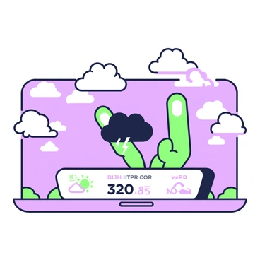 A weather forecast graphic is displayed prominently on a screen. In the background, there are several clouds in the sky, each uniquely shaped like fingers extending outward. These finger-like clouds are pointing towards a storm icon that is clearly marked in the center. The storm icon features a dark cloud with zigzagging lines representing lightning beneath it. Below the storm icon, weather statistics such as temperature and wind speed are visible, adding to the informative nature of the forecast.