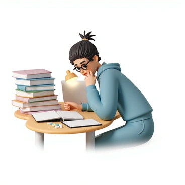 A student sitting at a desk, surrounded by piles of books, biting their nails in worry
