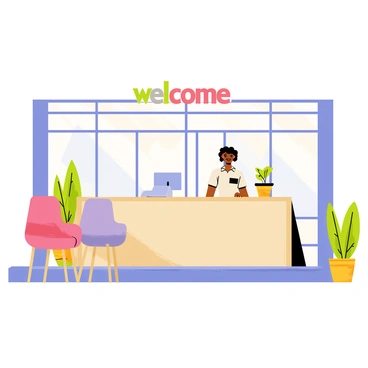 The entrance of the agency features a large, brightly colored sign that reads "Welcome" in bold letters. The reception area is spacious and inviting, with a modern desk made of light wood. A friendly receptionist stands behind the desk, smiling warmly. There are comfortable seating arrangements with plush chairs in vibrant colors, and a couple of decorative plants are positioned around the room. Large glass doors lead outside, allowing natural light to illuminate the space.