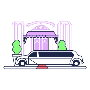 A long limousine is parked in front of a grand hotel entrance. The hotel features large, ornate doors flanked by decorative columns. Above the entrance, there is an elegant awning that extends over the sidewalk. A red carpet leads from the entrance to the limousine. Flanking the entrance are large potted plants, adding a touch of greenery. In the background, the façade of the hotel reveals intricate architectural details, enhancing the luxurious atmosphere.