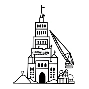 A skyscraper being altered with elements of a giant sand castle